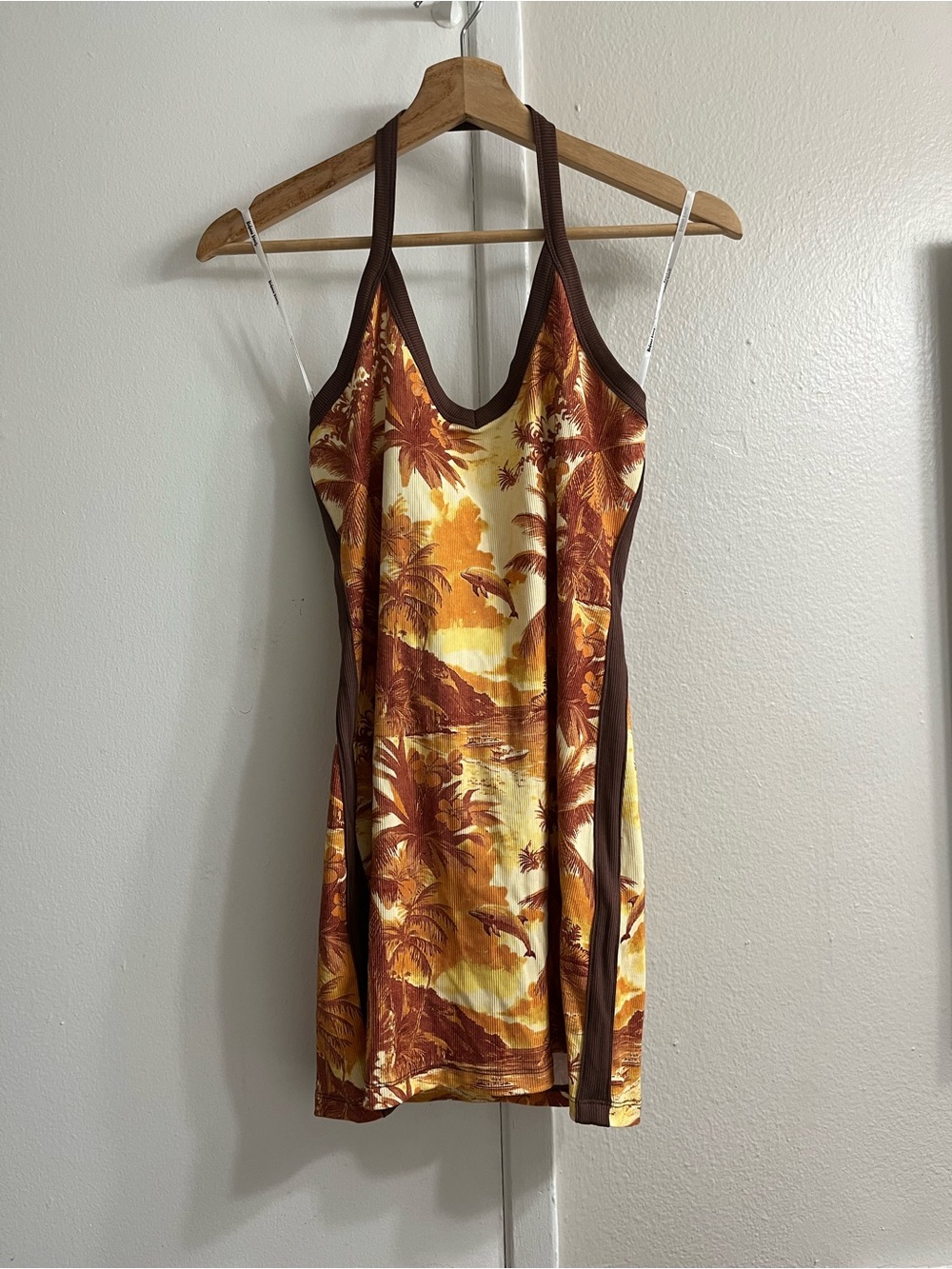 Kulani Kinis Brown and Yellow Tropical Halter Mini Dress